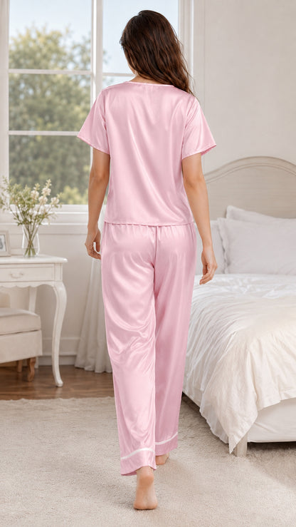 Women Top & Pyjama Set Pink Solid