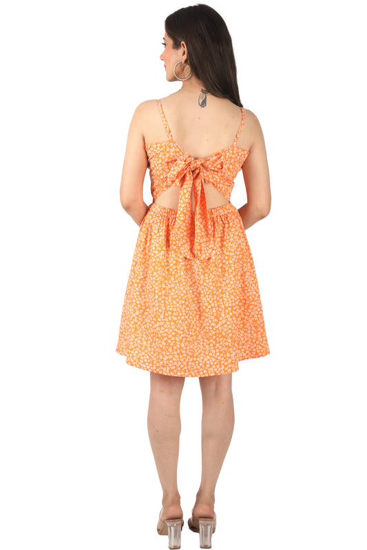 Women's Orange Floral Print Noodle Strap V-Neck Knee Length Dress