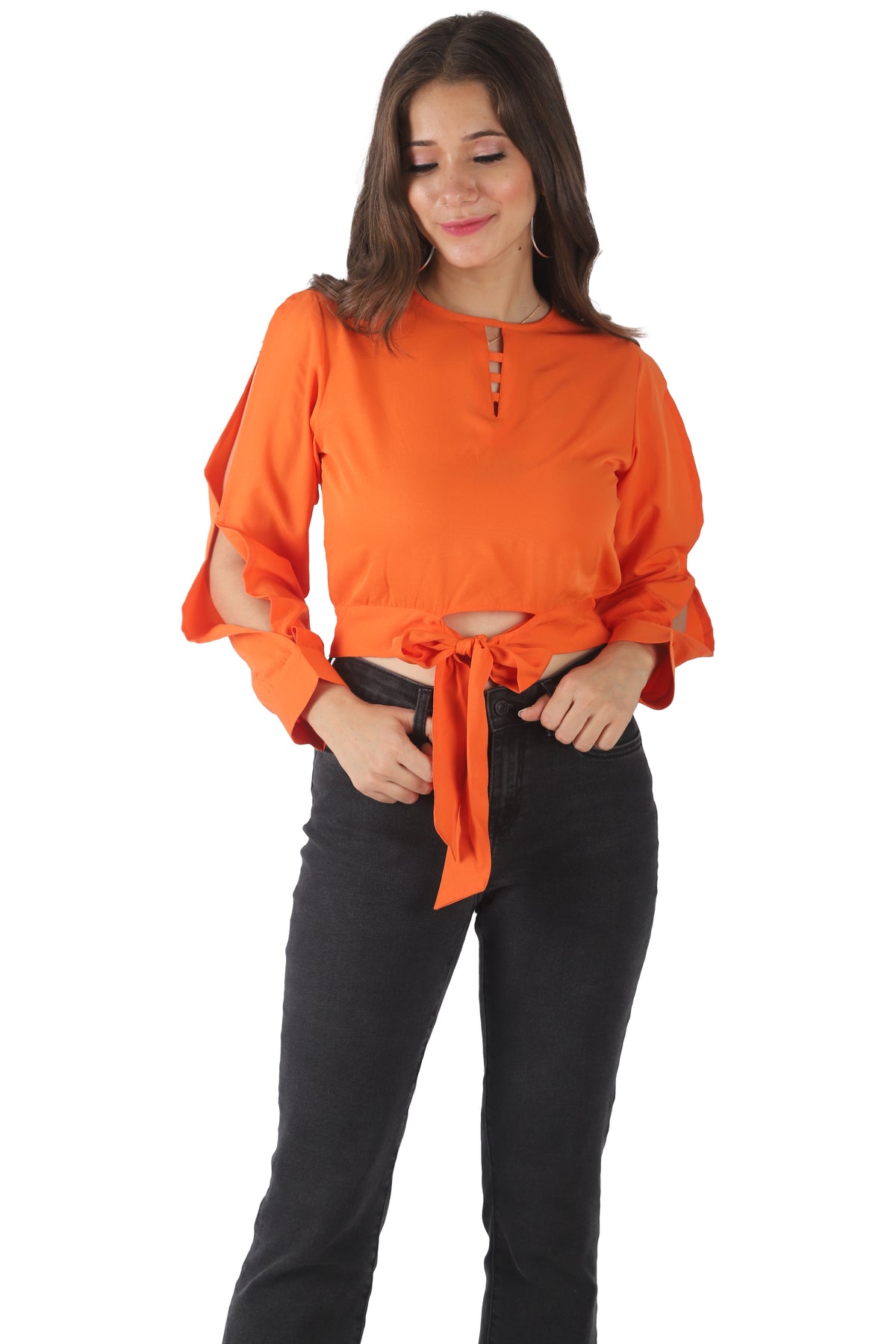 Casual Cutout Solid Women Orange Top