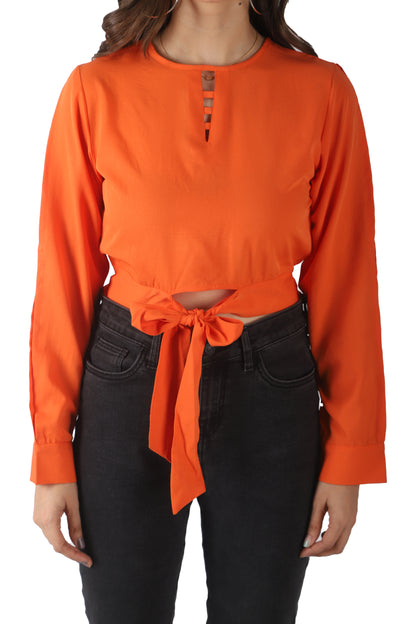 Casual Cutout Solid Women Orange Top