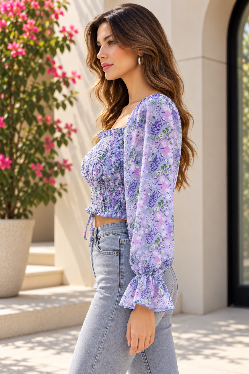 Party Balloon Sleeve Floral Print Women Blue Top