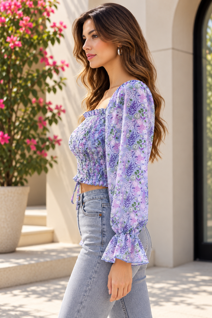 Party Balloon Sleeve Floral Print Women Blue Top