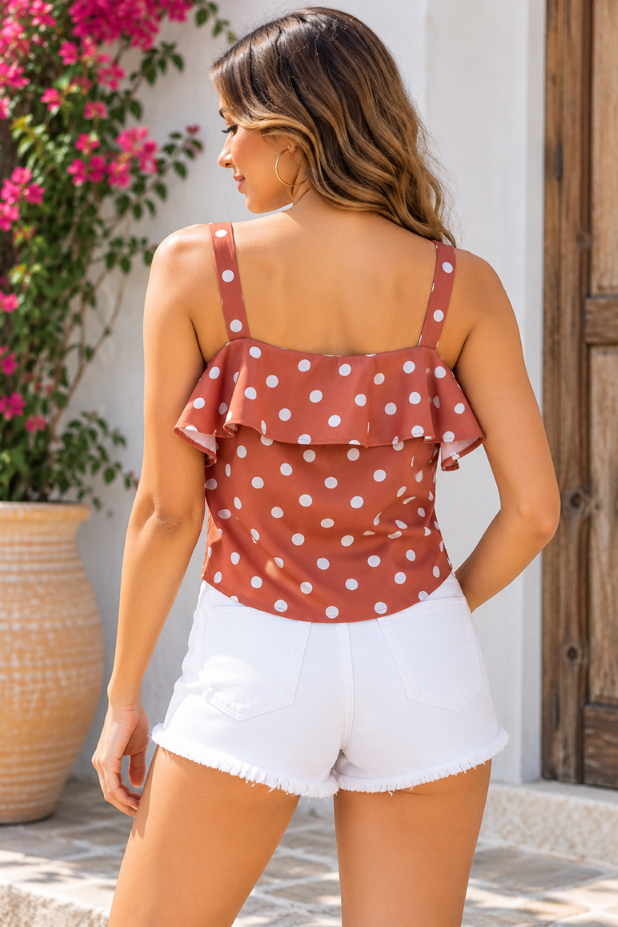 Party Sleeveless Polka Print Women Brown Top