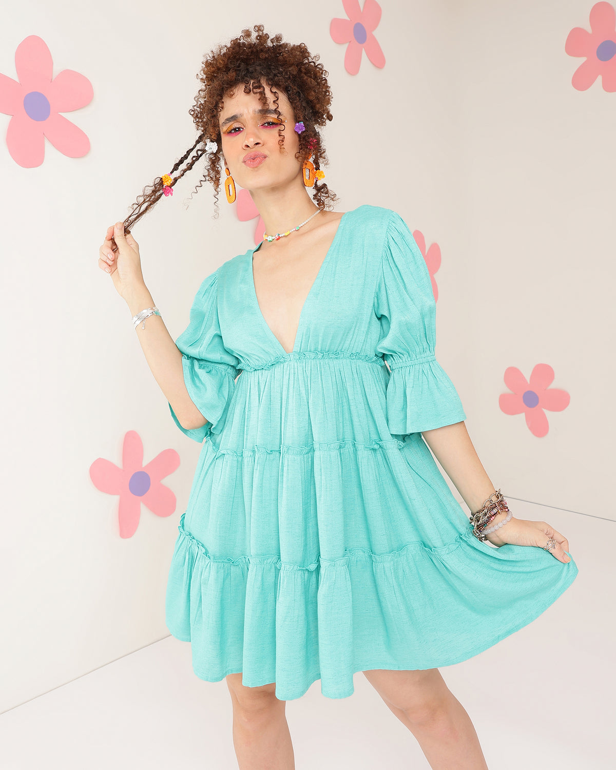 Women Tiered Green Above Knee/Mid Thigh Length Dress