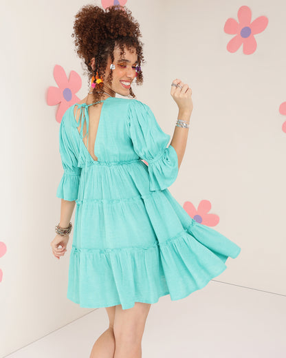 Women Tiered Green Above Knee/Mid Thigh Length Dress