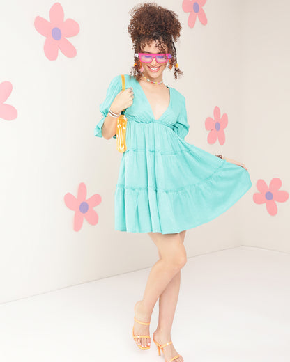 Women Tiered Green Above Knee/Mid Thigh Length Dress