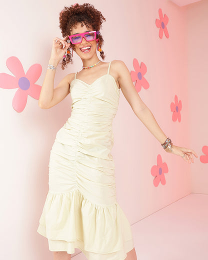 Women Gathered White Below Knee Dress