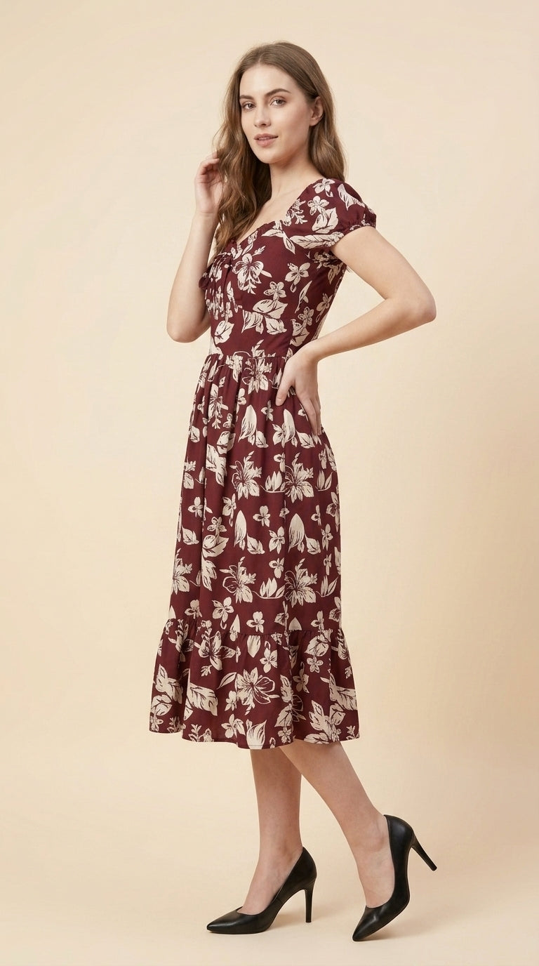 Women Fit and Flare Maroon Midi/Calf Length Dress
