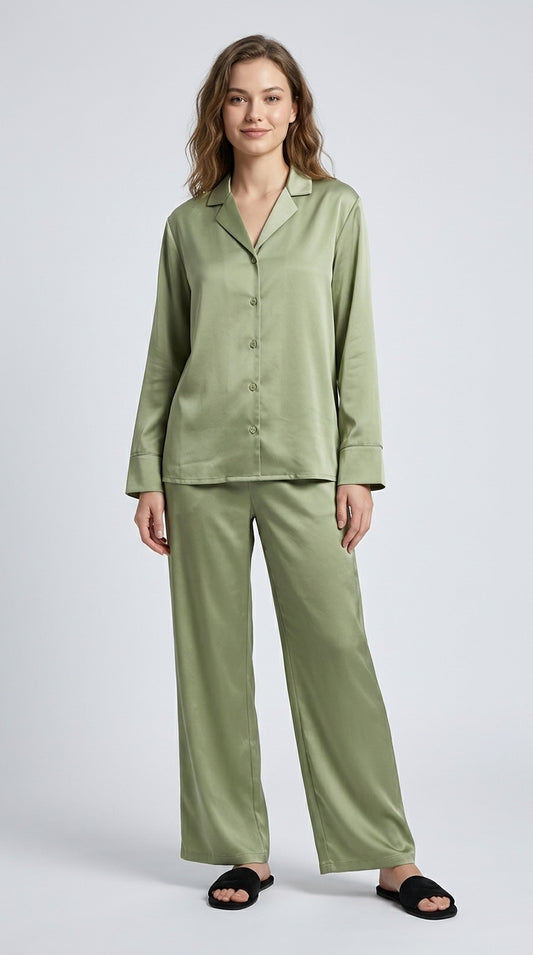 Women Shirt & Pyjama set Green Solid