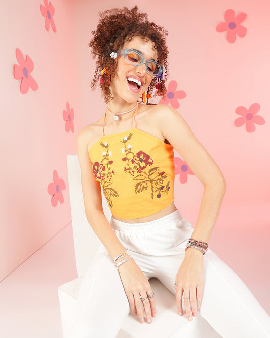 Casual Sleeveless Embroidered Women Yellow Top
