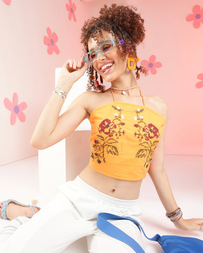 Casual Sleeveless Embroidered Women Yellow Top