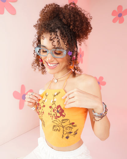 Casual Sleeveless Embroidered Women Yellow Top