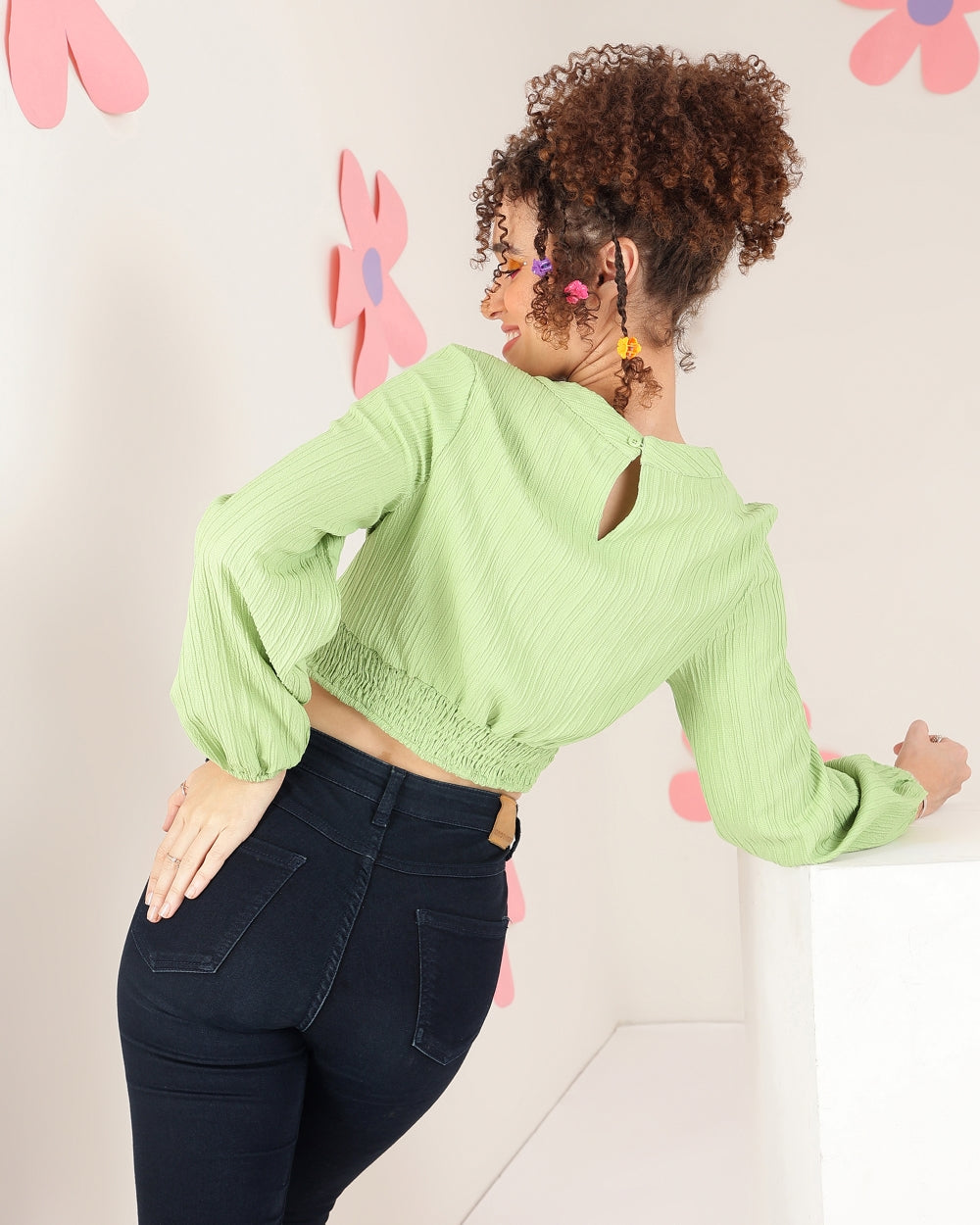 Casual Puff Sleeves Solid Women Light Green Top
