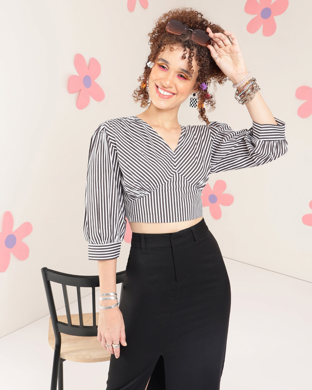 Casual Puff Sleeves Striped Women Black, White Top