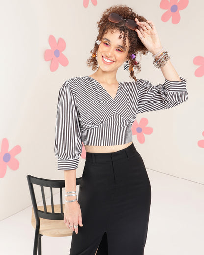 Casual Puff Sleeves Striped Women Black, White Top