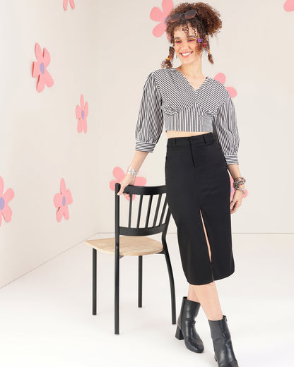 Casual Puff Sleeves Striped Women Black, White Top
