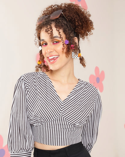 Casual Puff Sleeves Striped Women Black, White Top