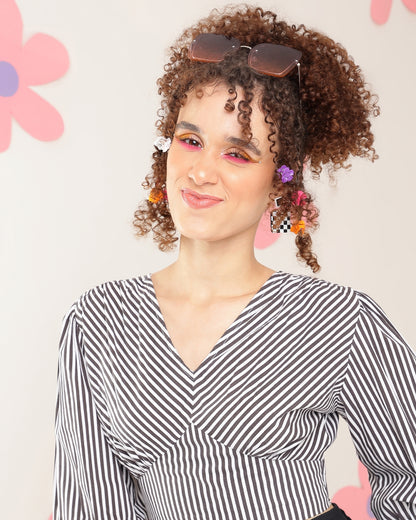 Casual Puff Sleeves Striped Women Black, White Top