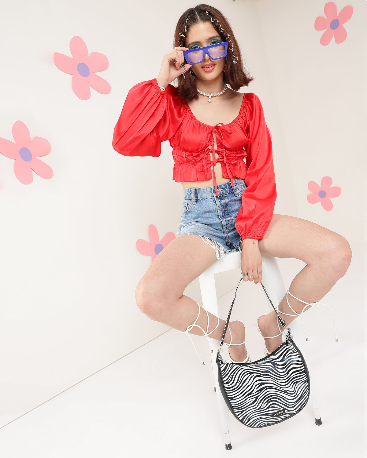 Party Puff Sleeves Solid Women Red Top