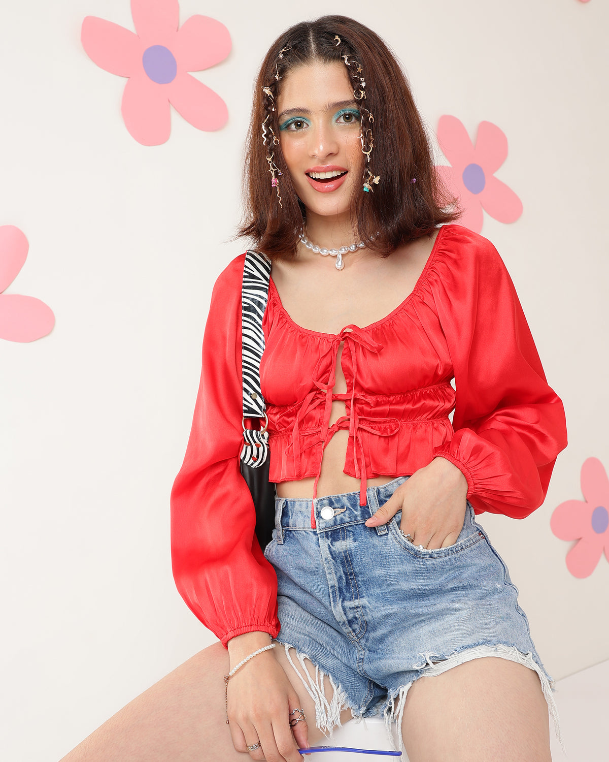 Party Puff Sleeves Solid Women Red Top