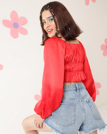 Party Puff Sleeves Solid Women Red Top