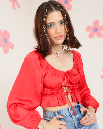 Party Puff Sleeves Solid Women Red Top