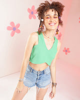 Women's Green Solid Sleeveless V-Neck Crop Top