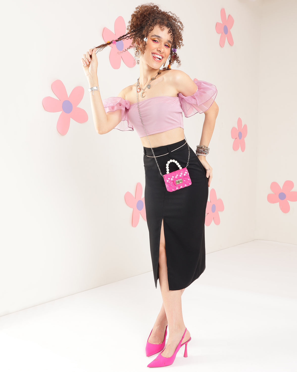 Party Flared Sleeves Solid Women Pink Top