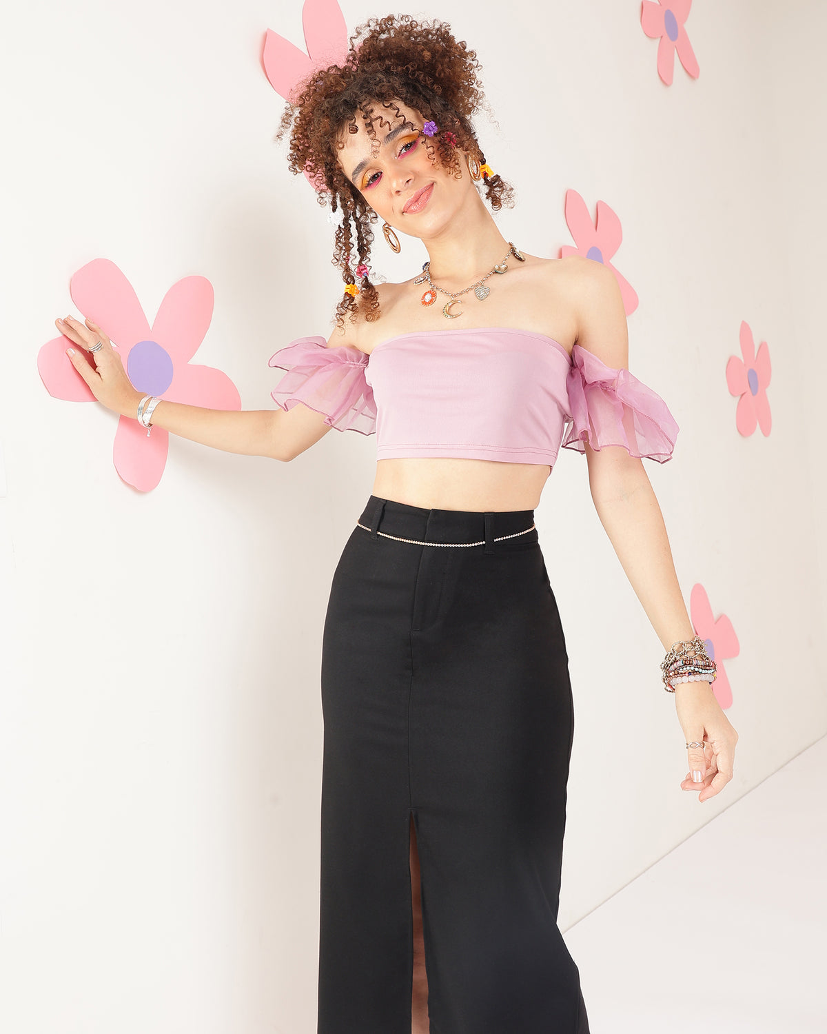 Party Flared Sleeves Solid Women Pink Top