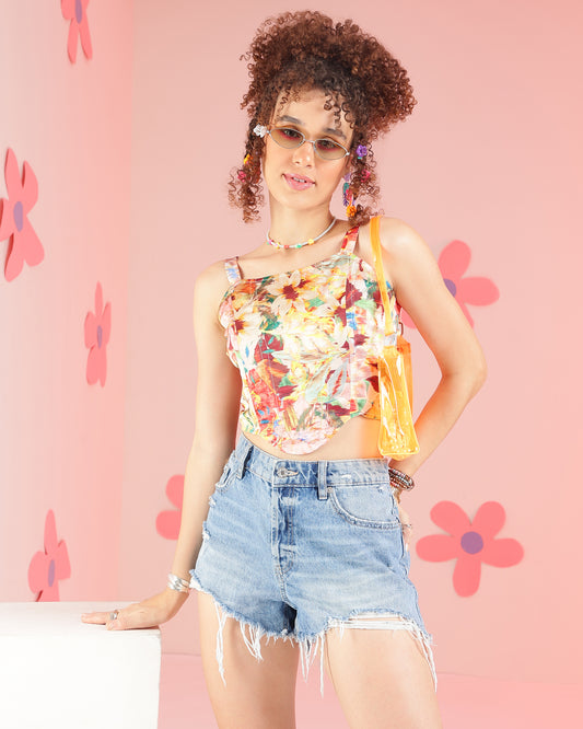 Casual Shoulder Straps Printed, Floral Print Women Multicolor Top