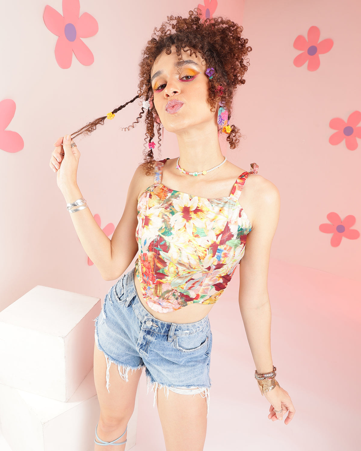 Casual Shoulder Straps Printed, Floral Print Women Multicolor Top