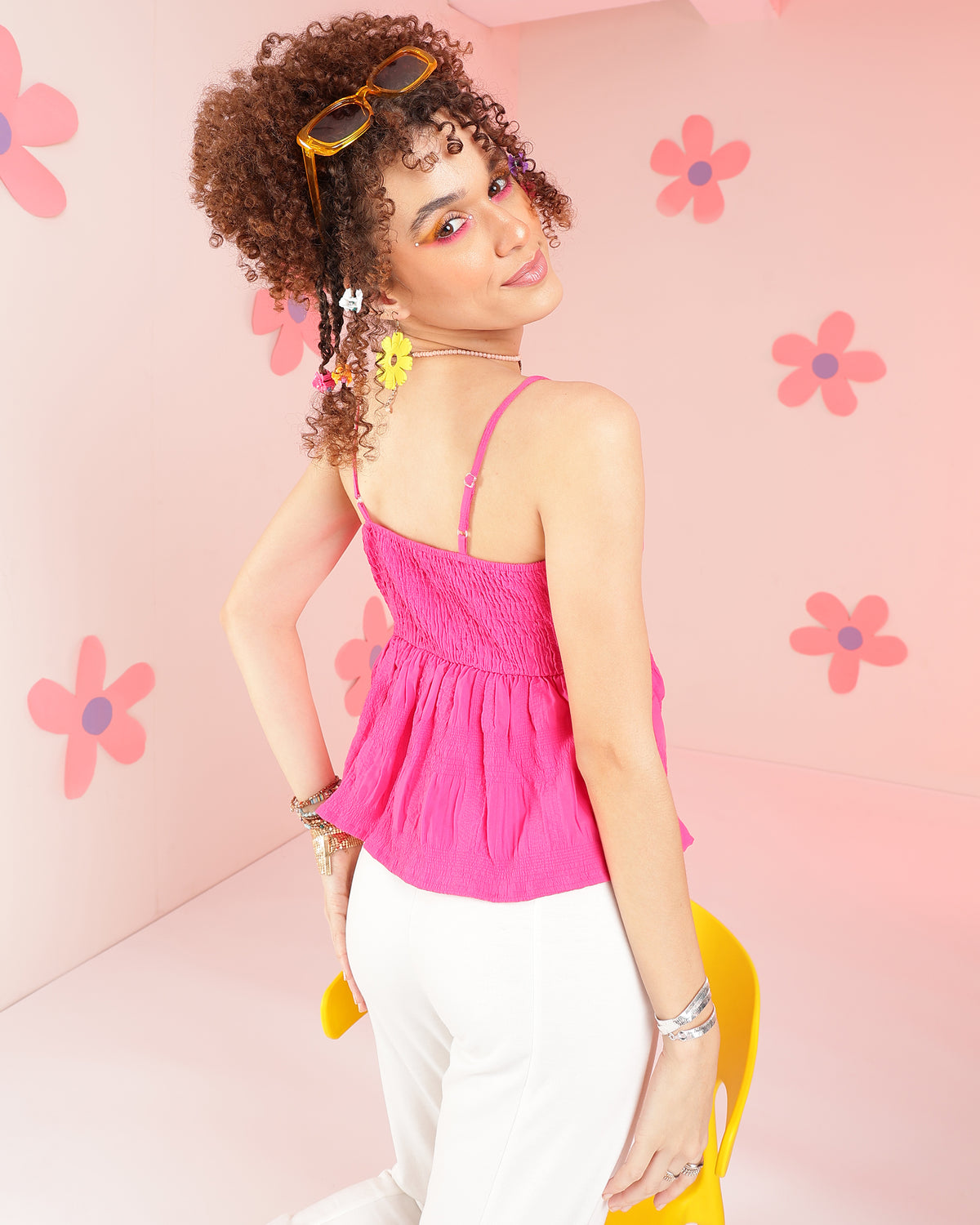Casual Noodle Straps Solid Women Pink Top
