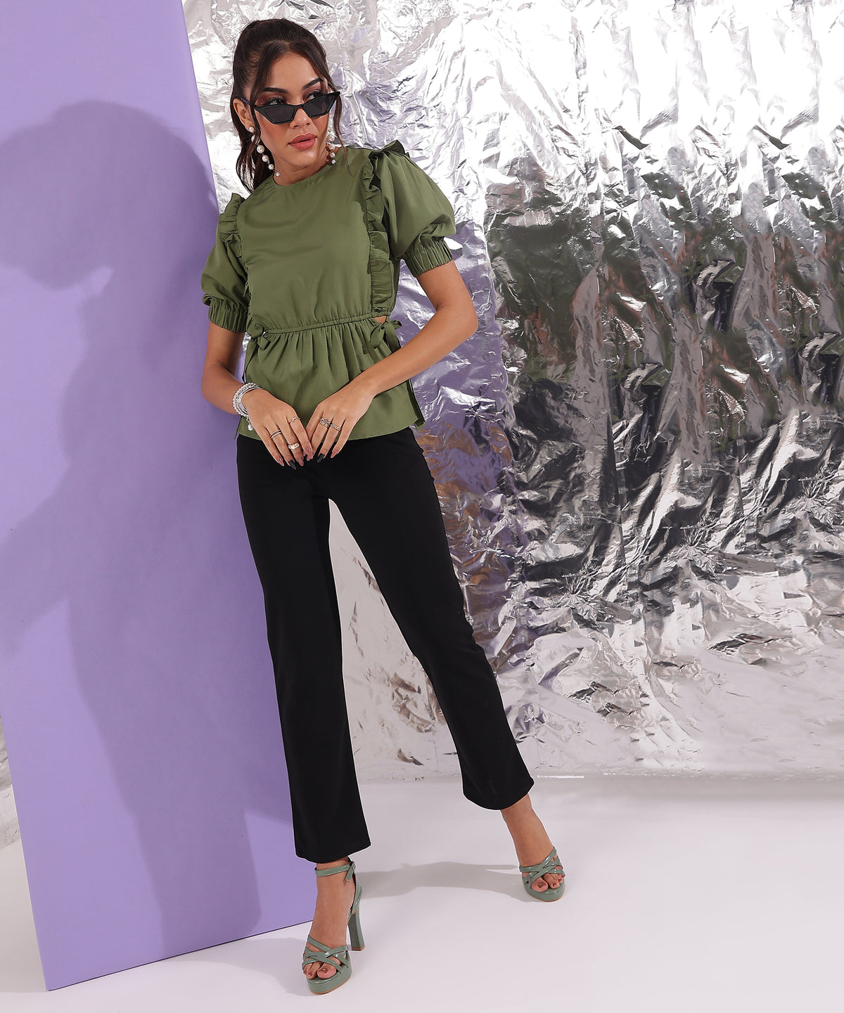 Casual Puff Sleeves Solid Women Green Top