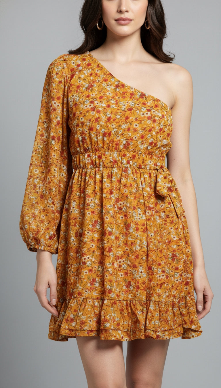 Women Asymmetric Yellow Mini/Short Dress