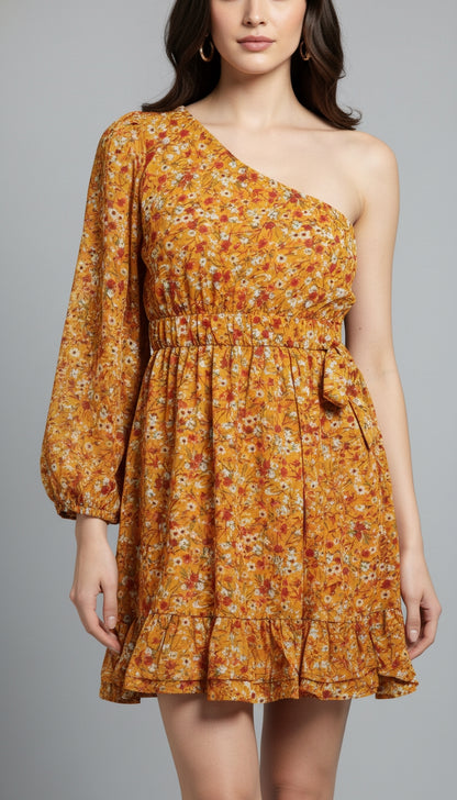 Women Asymmetric Yellow Mini/Short Dress