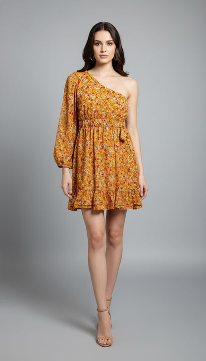 Women Asymmetric Yellow Mini/Short Dress