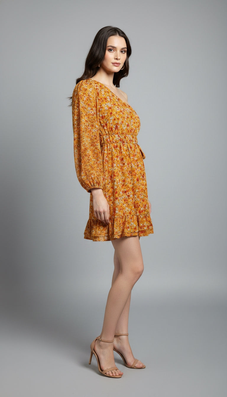 Women Asymmetric Yellow Mini/Short Dress