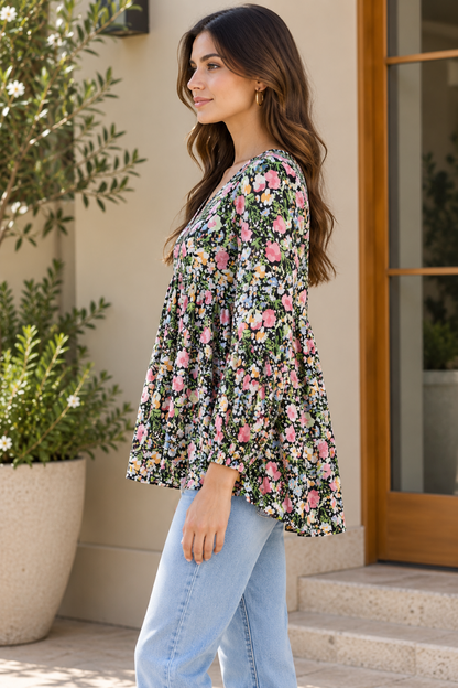 Party Bishop Sleeve Floral Print Women Black Top