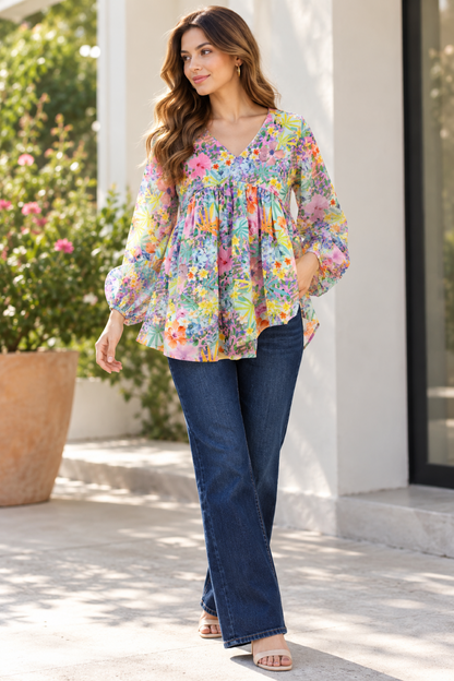 Party Bishop Sleeve Floral Print Women Multicolor Top