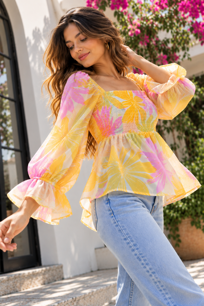 Party Puff Sleeves Floral Print Women Yellow Top