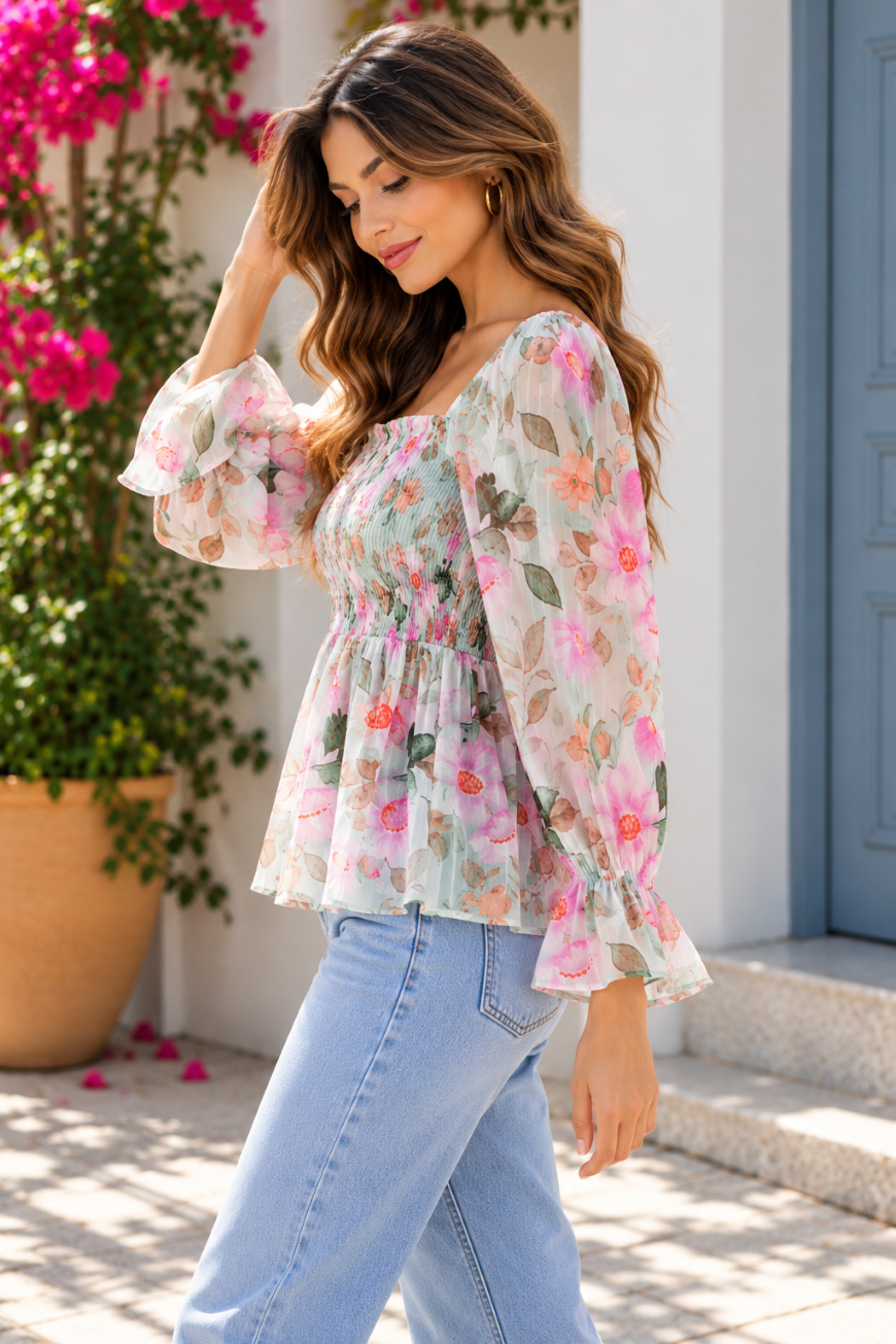 Party Puff Sleeves Floral Print Women Multicolor Top