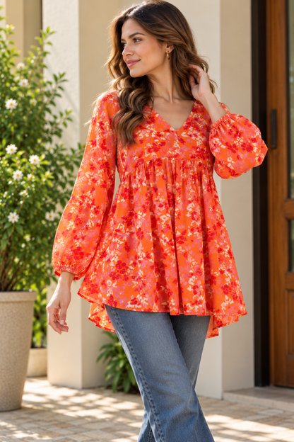 Party Bishop Sleeve Floral Print Women Orange Top