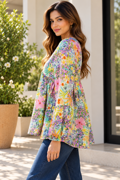 Party Bishop Sleeve Floral Print Women Multicolor Top