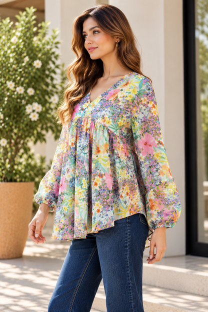 Party Bishop Sleeve Floral Print Women Multicolor Top