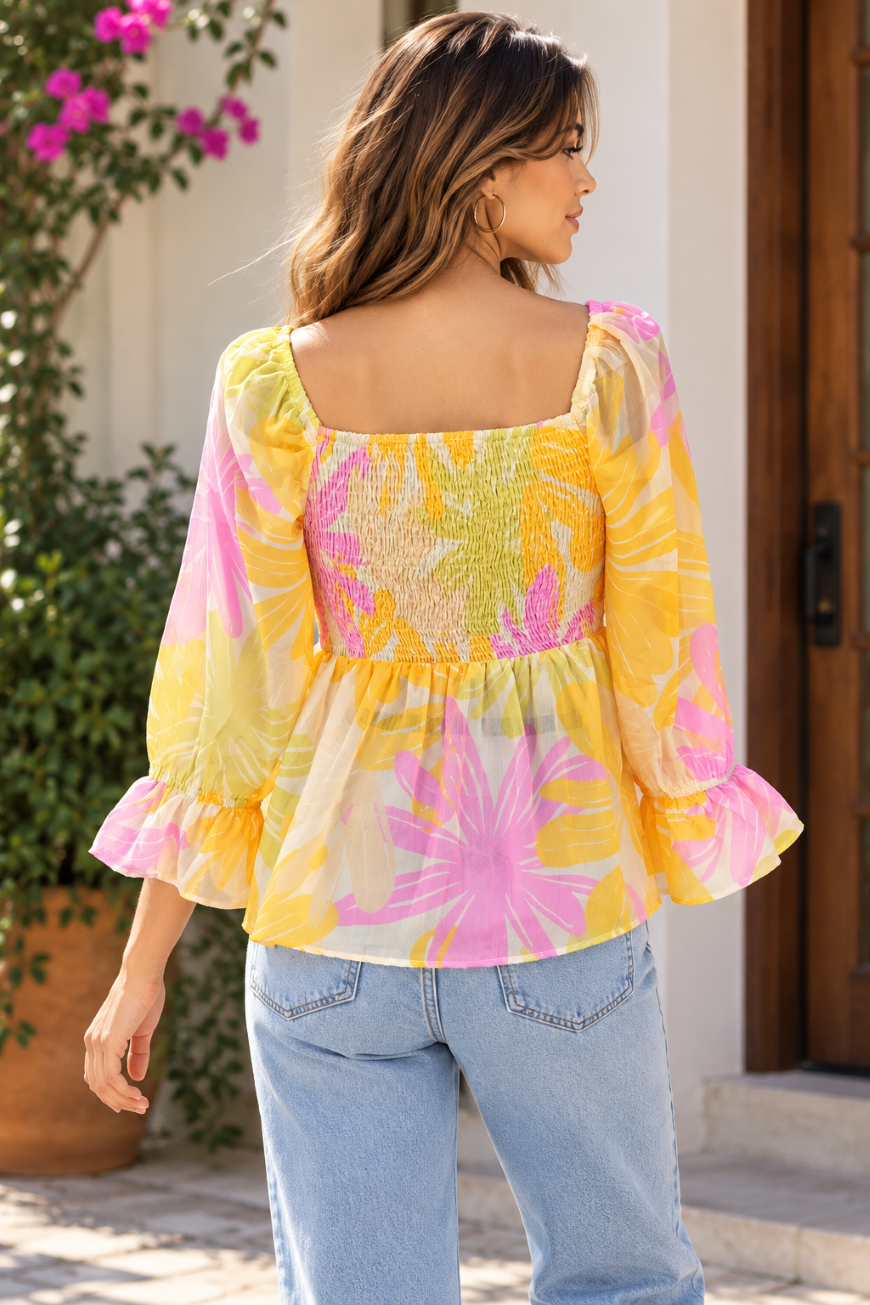 Party Puff Sleeves Floral Print Women Yellow Top