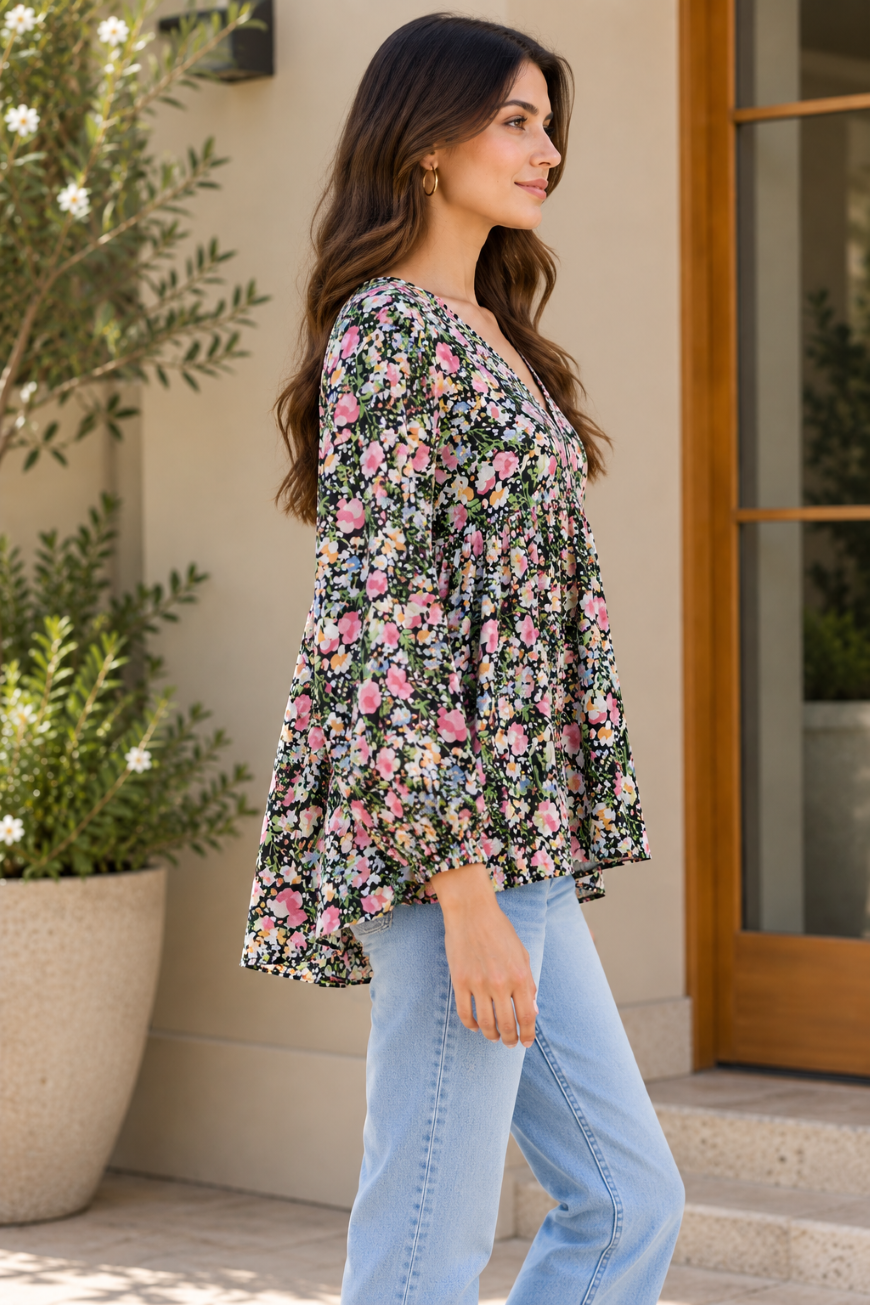 Party Bishop Sleeve Floral Print Women Black Top