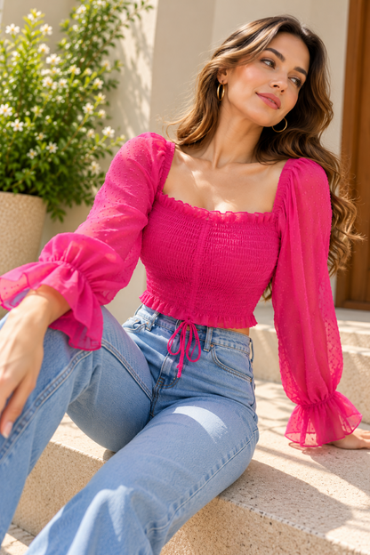 Party Balloon Sleeve Solid Women Pink Top