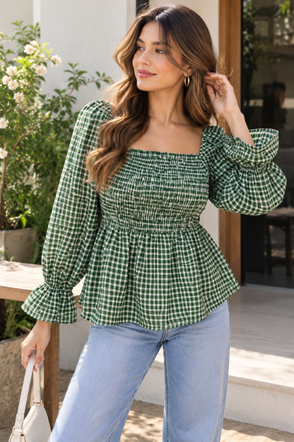 Party Puff Sleeves Checkered Women Green Top