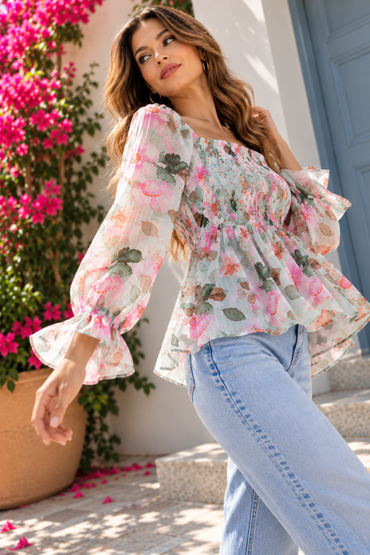 Party Puff Sleeves Floral Print Women Multicolor Top