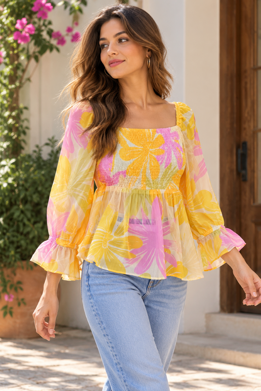 Women's Yellow Floral Peplum Top